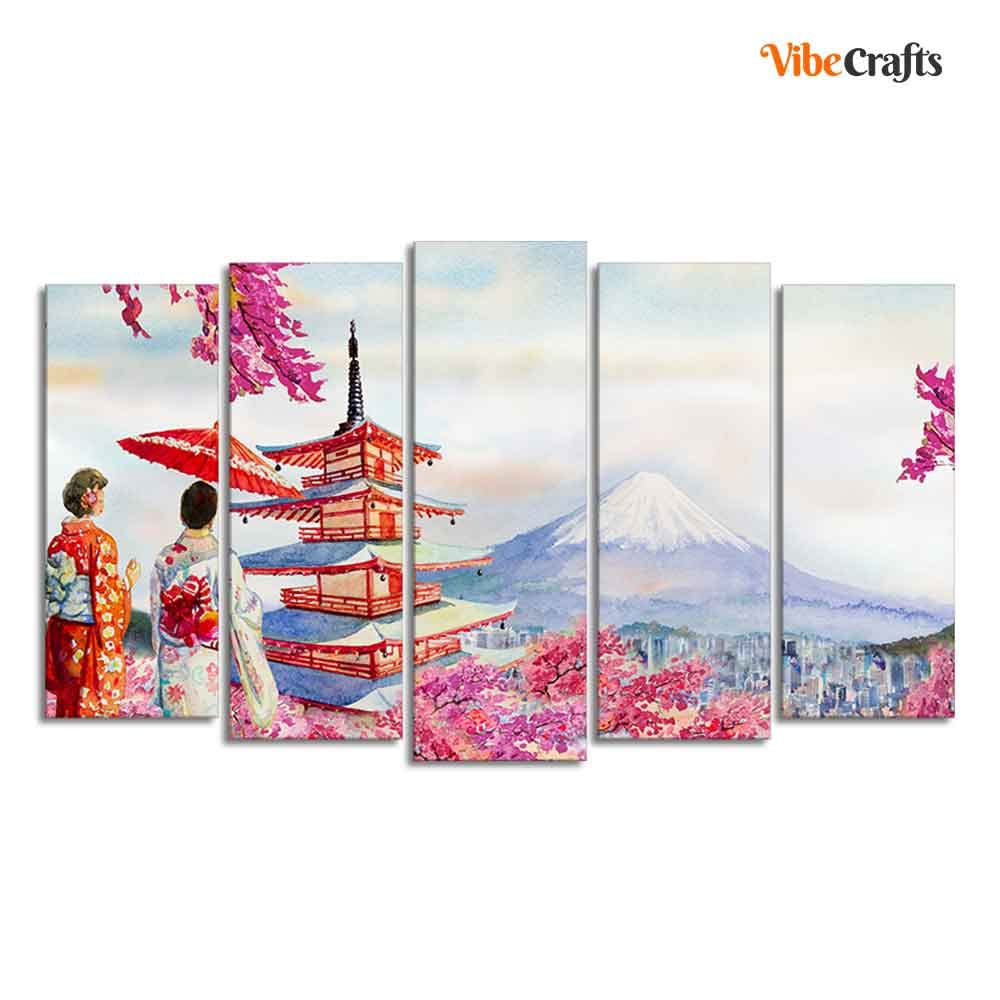 VIBECRAFTS Women in Kimono Canvas Wall Painting Set of Five For Home|Office|Living Room|Gift (PTVC5Pcs2_6546)