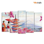 VIBECRAFTS Women in Kimono Canvas Wall Painting Set of Five For Home|Office|Living Room|Gift (PTVC5Pcs2_6546)