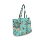 DecorAvenue Quilted Premium Cotton Printed Reversible Tote Bag Grocery Shopping Bag Travel Bags Carry Bag 18x15x5.5 Inch (Sea Green Jungle)
