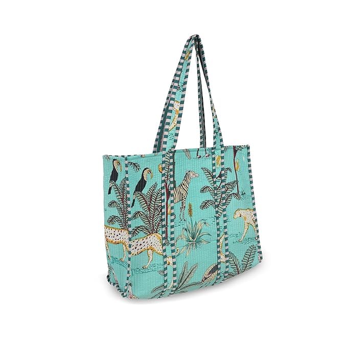 DecorAvenue Quilted Premium Cotton Printed Reversible Tote Bag Grocery Shopping Bag Travel Bags Carry Bag 18x15x5.5 Inch (Sea Green Jungle)