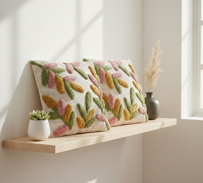 Furnistitchs Premium Decorative Throw Cushion Pillow Cover Boho Home Decor - Living Room Bedroom Couch Sofa Cushion Covers 16 inch x 16 inch (2, Green Leaves)