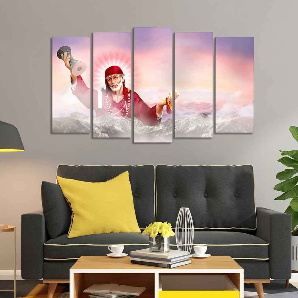 VIBECRAFTS Homcraft Devotional Wall Painting of Sai Baba Set of Five For Home|Office|Living Room|Gift (PTVC5Pcs2_6610)