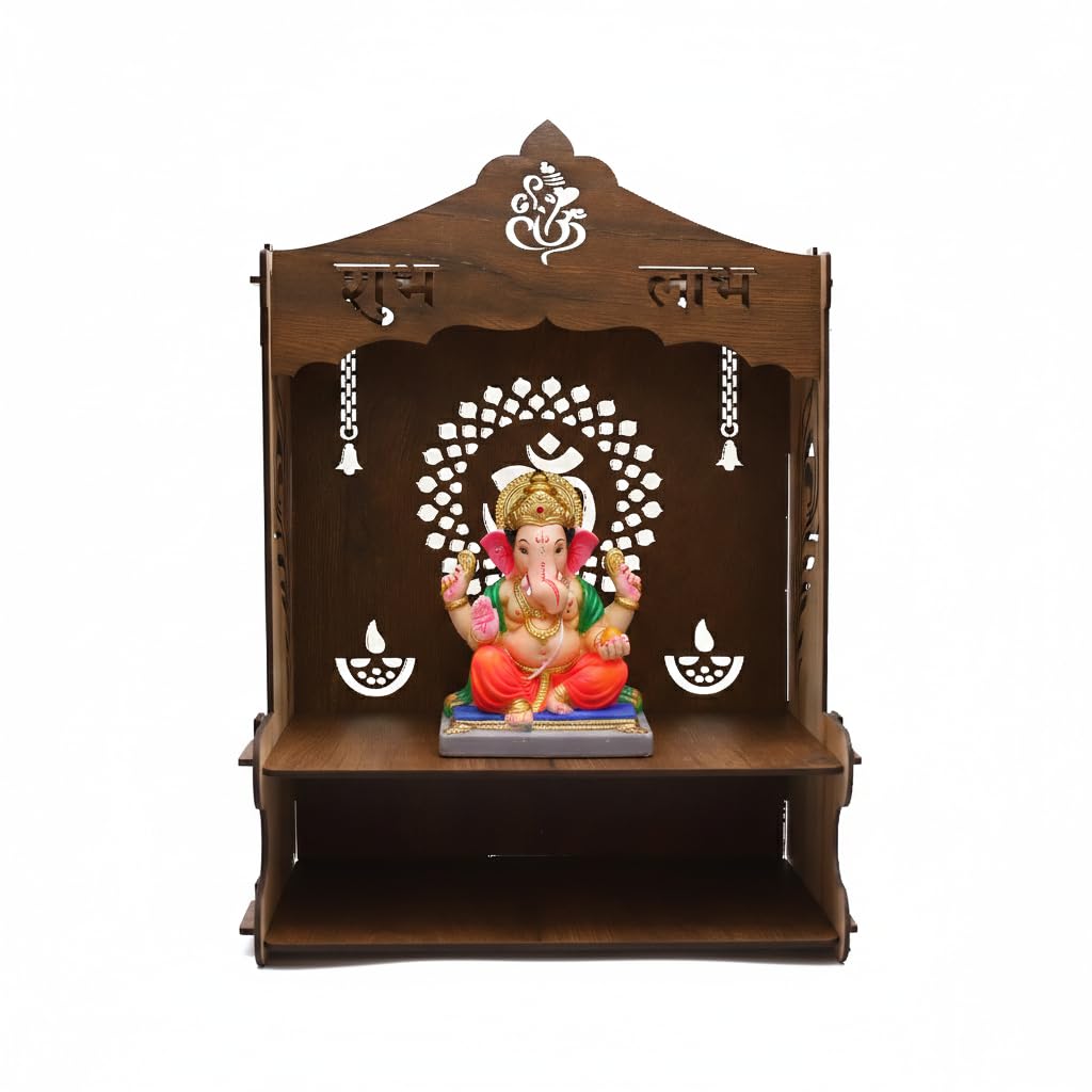 SHIV FURNITURE Royal Walnut Finish Wooden Pooja Mandir | Wall Mounted Home Temple & Spacious Storage | Premium Handcrafted Puja Unit