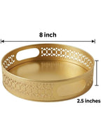 Premium Round Gold Metal Decorative Tray (8-Inch) – Handcrafted Cutwork Serving Platter for Home Decor, Coffee Table, Ottoman, Vanity, and Gifting – Antique Gold Finish