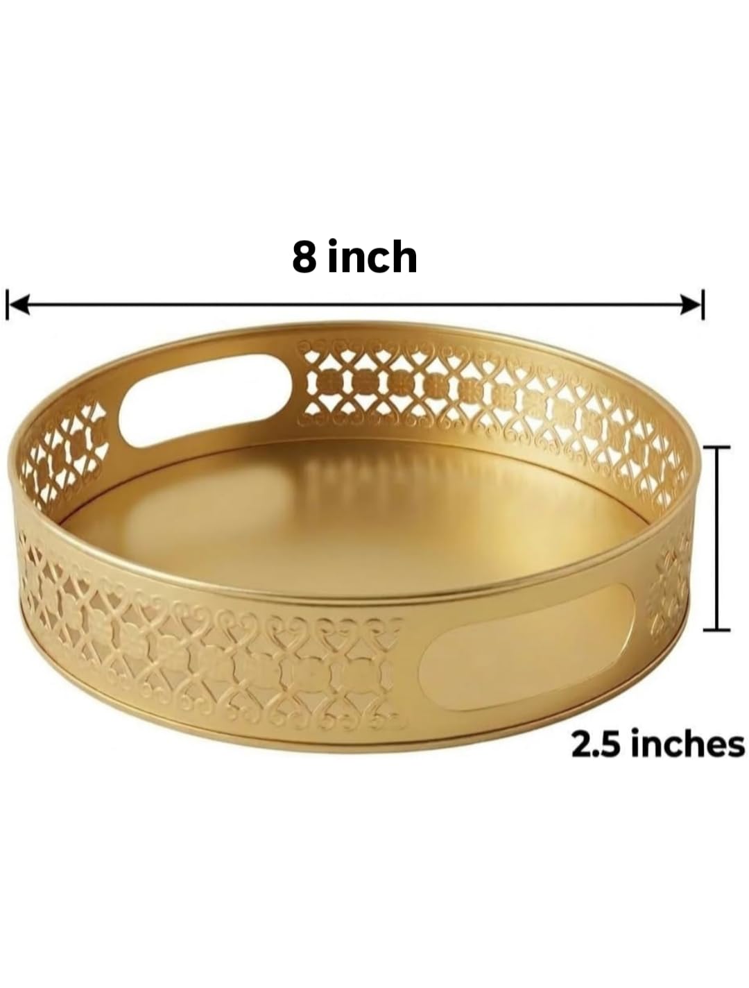 Premium Round Gold Metal Decorative Tray (8-Inch) – Handcrafted Cutwork Serving Platter for Home Decor, Coffee Table, Ottoman, Vanity, and Gifting – Antique Gold Finish