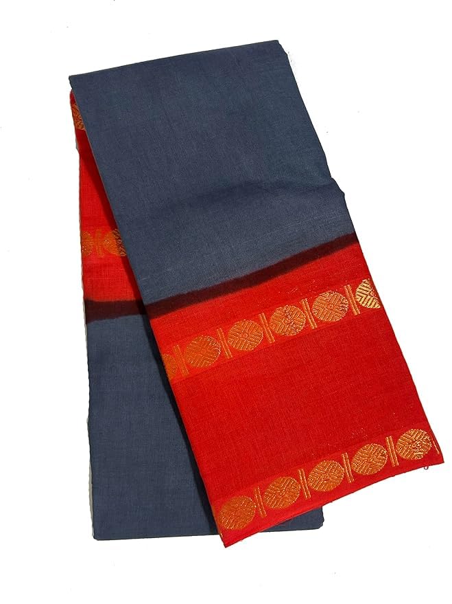Madurai Sungudi Cotton Saree - Adayar Plain Body Pattu Medium Ruthratcham Border for Women Saree (tealish Blue-Red)