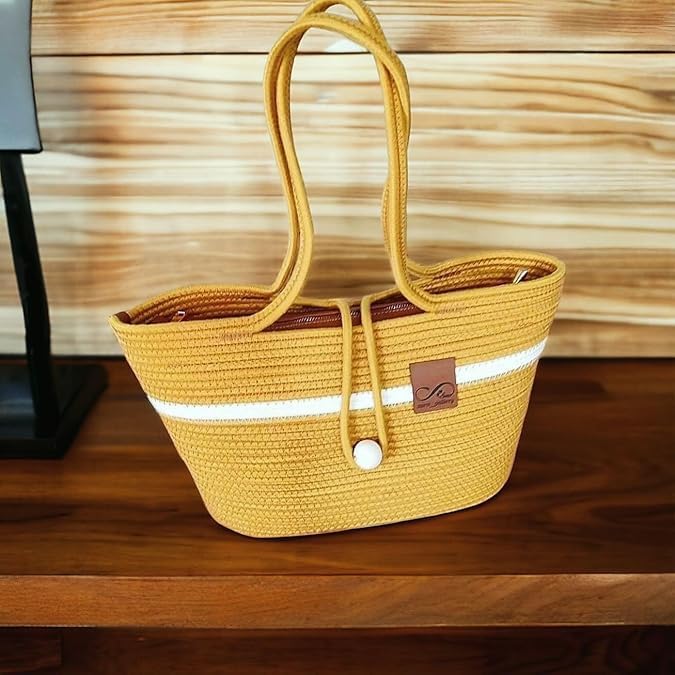 BEAUTIFUL HOMMIES Attractive Hand Bag |large Tote Bag |Summer Bag | Bucket Bag | Basket Bag | Bamboo Tote | Beach Bags for Women|Boho Bag|Handbag |Jute Bag |Handmade Bag (YELLOW STYLISH)