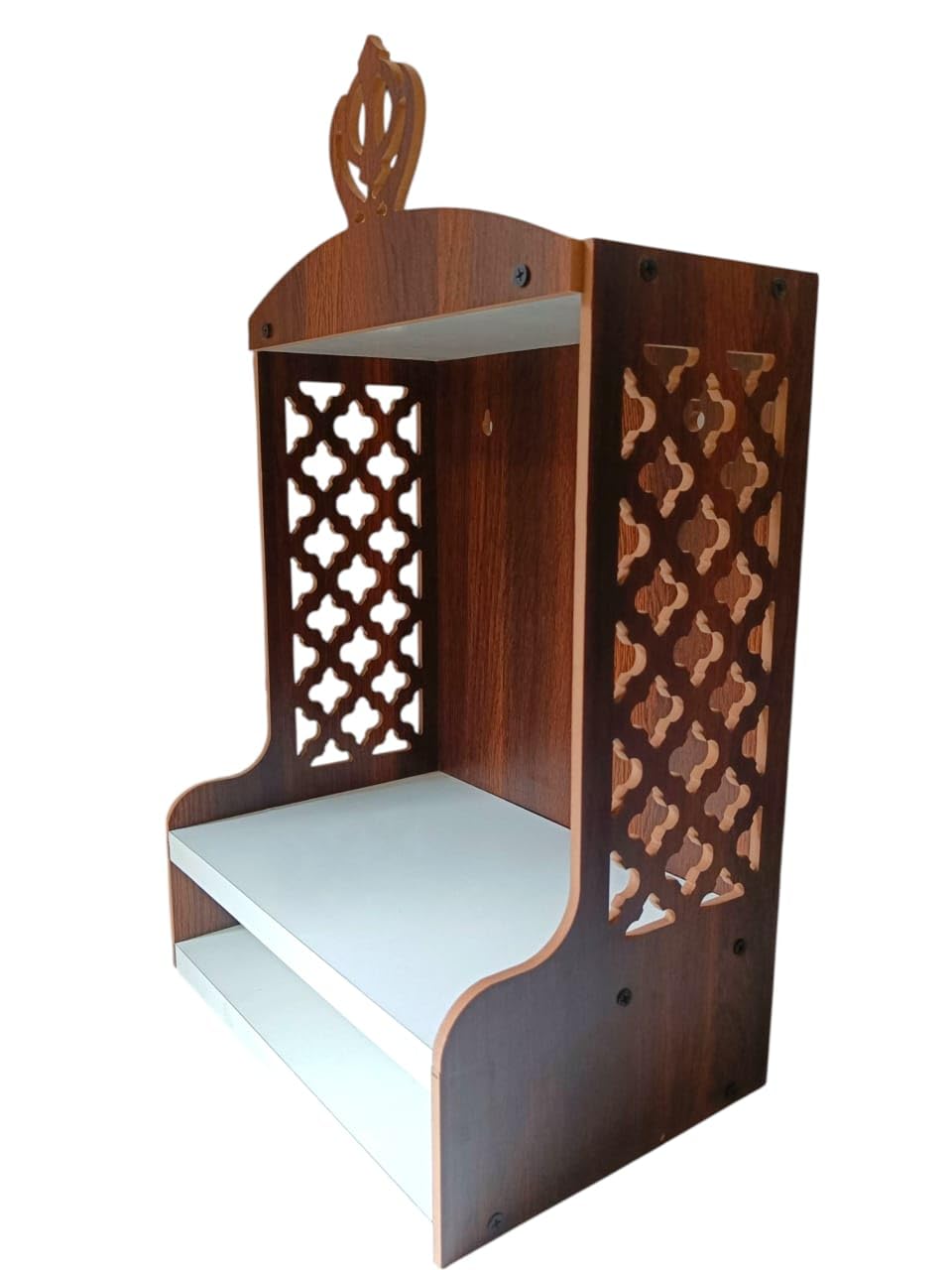 Premium Sikh Khanda Temple, Wooden Wall Mount Sikh Guru Mandir, Wall Hanging and Table Top Temple, Brown & White