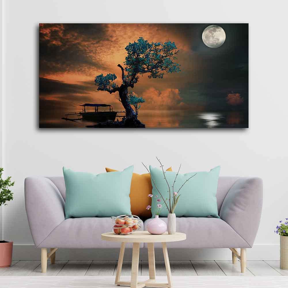 VIBECRAFTS Canvas Paintings for Living Room Drawing Room Amazing Tree Under the Moonlight Premium Painting Wall Art Fitted with Wooden Frame for Home|Office|Gift(PTVCH_2252) (Multi 2)