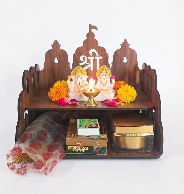 Bindian Wooden Pooja Mandir for Home Wall Mounted | Wooden Table Top God Temple | Pooja Stand for Home | Puja Mandir | Puja Unit for House | Temple for Office (Temple 6)