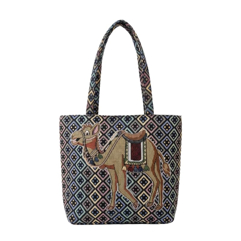 Stylique Large Camel Print Jute Cotton Tote Handbag for Women | Stylish Office Laptop Shoulder Bag | Premium Canvas Shopper with Zipper | Ecofriendly Travel College Daily Casual Work