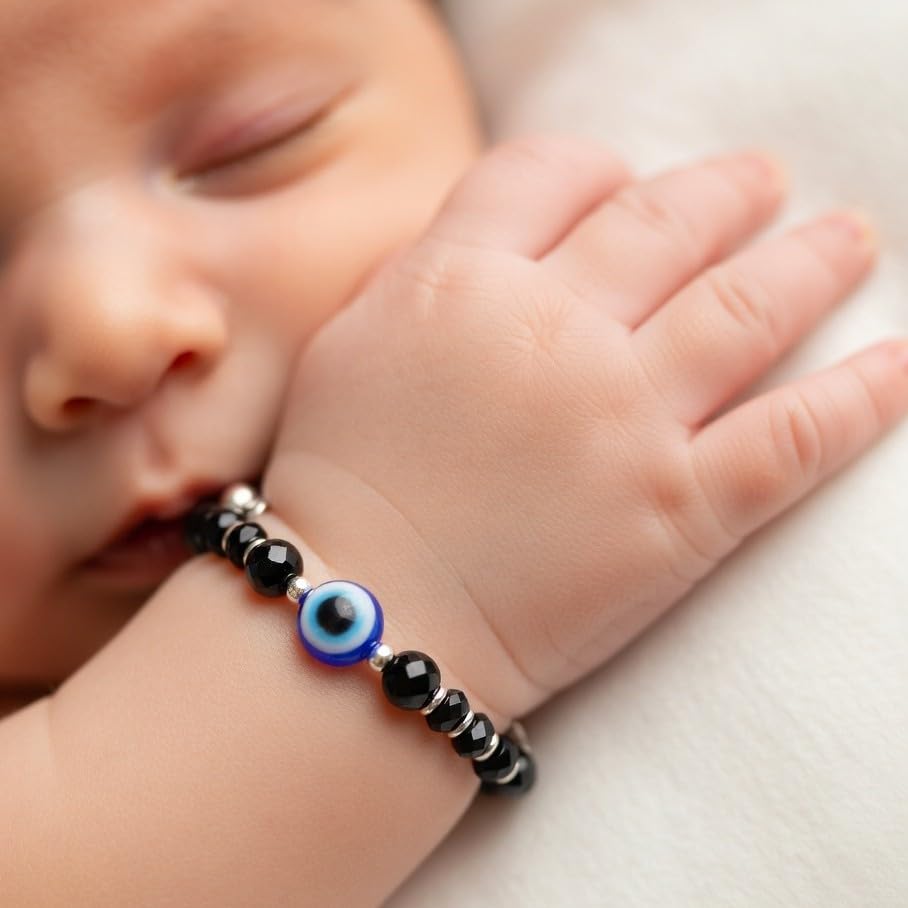 DHRUVS COLLECTION 925 Pure Silver Evil Eye Baby Nazariya Bracelet with Black Crystal Beads for Baby Boys & Girls | First Rakshabandhan Newborn, Infant Gift (Length - 4 Inch, New Born to 6 Months)
