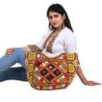 PREET GALLERY Handmade Cotton Patchwork Tote Bag, Multicolour, Double Handle|Women's Shoulder Bag, Pure Cotton Tote Bag, Handmade Patchwork Design (Black Ethnic Multicolor)
