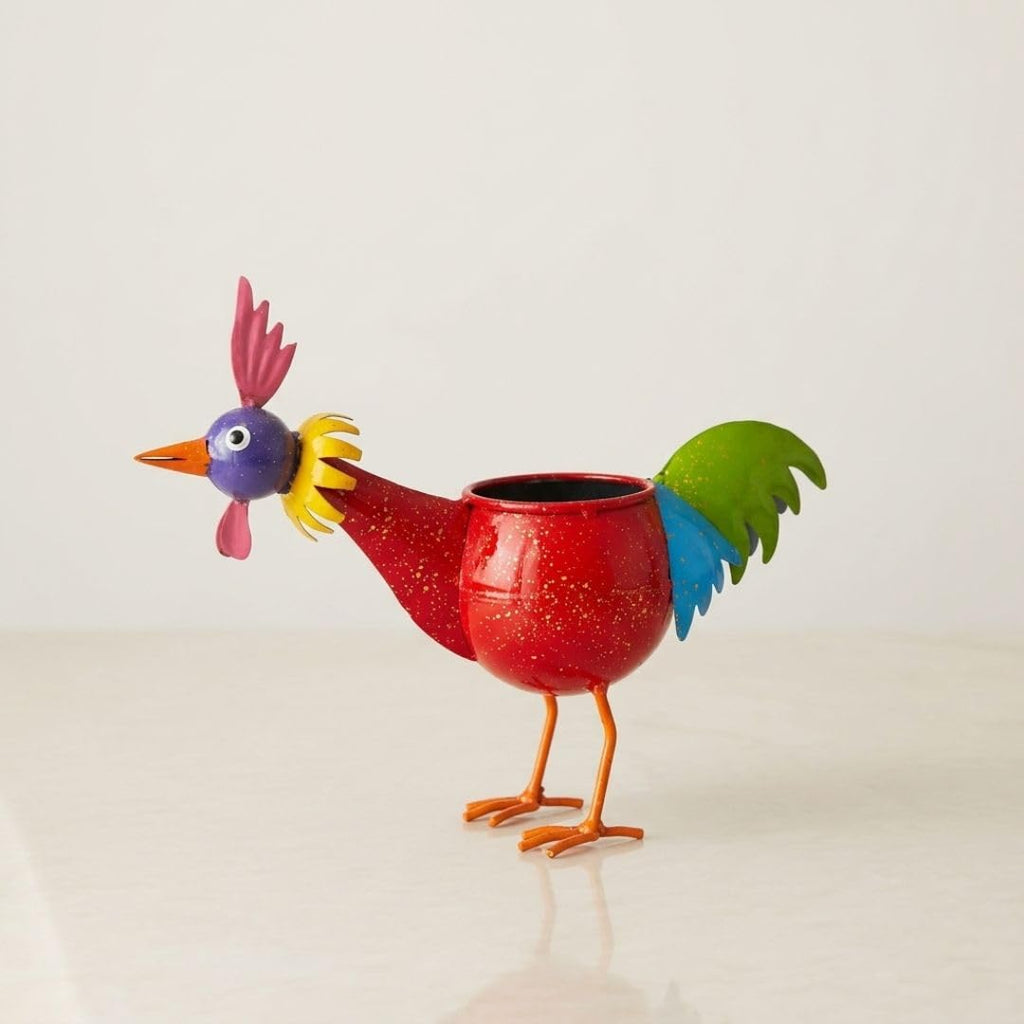 ATRANGI STUDIO Rooster Shape Handpainted Metal Planter | Decorative Bird Shape Pot for Indoor Outdoor Plants | Perfect for Succulent | Home, Balcony, Garden Decor | 10 × 12 × 3.5 inches (Multicolour)