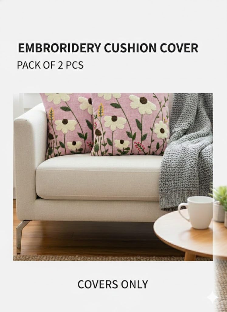 CASA-NEST Linen Embroidery Cushion Cover, Size -16x16 inch, Pack of 2 pc, Decorative Sofa Cushion (Pink, 2)