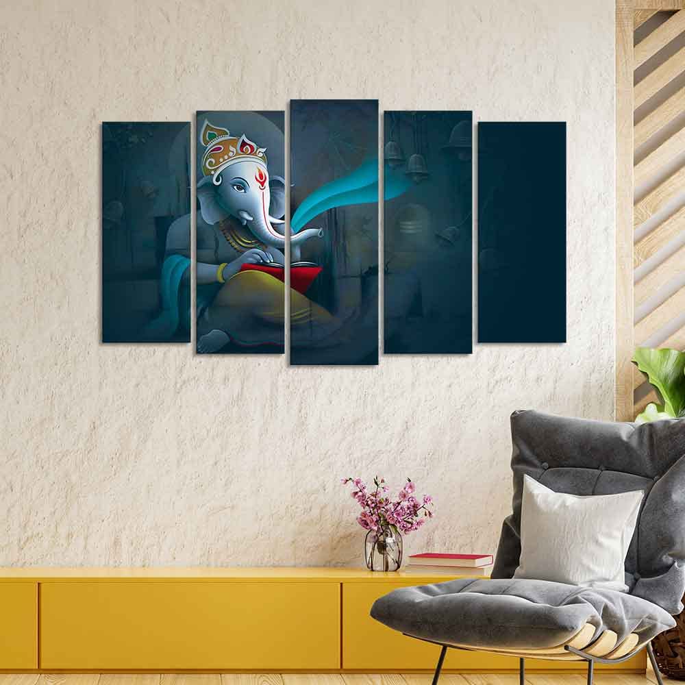 VIBECRAFTS Auspicious Shri Ganpati Canvas Wall Painting of Five Pieces For Home|Office|Living Room|Gift (PTVC5Pcs2_6541)