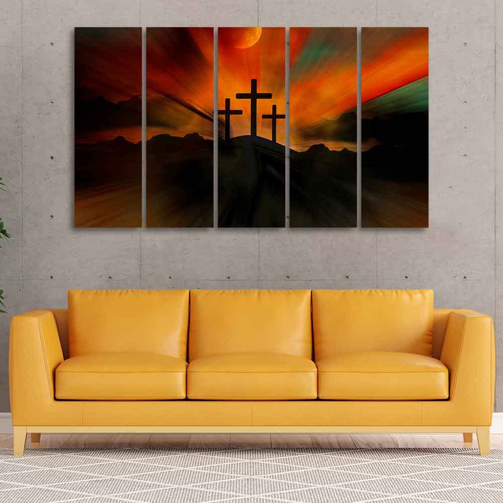 VIBECRAFTS Three Cross Silhouette Canvas Wall Painting of Five Pieces For Home|Office|Living Room|Gift (PTVC5Pcs4_8742)