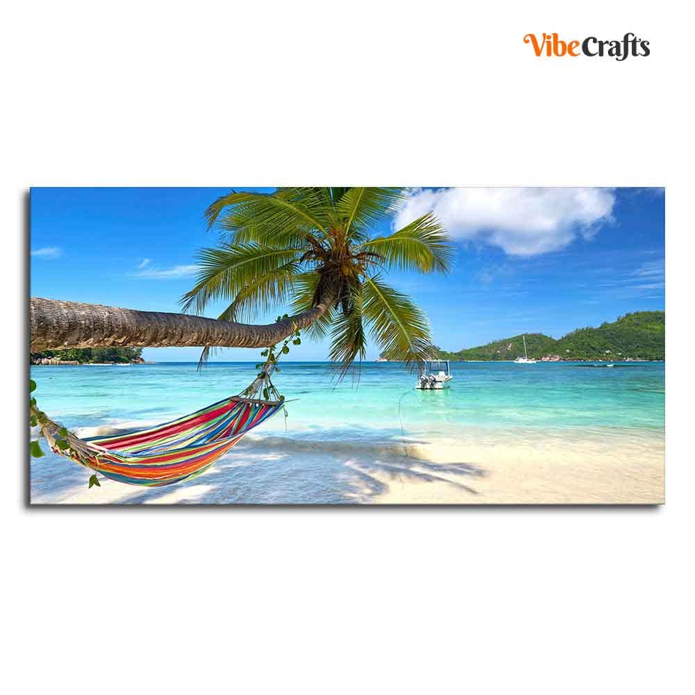 VIBECRAFTS Canvas Paintings for Living Room Drawing Room Perfect Beach with Palm Tree and Hammock Canvas Wall Hanging for Home|Office|Gift(PTVCH_2384)