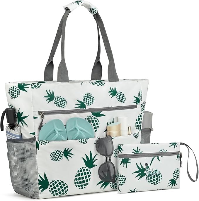 hirTa Gab Tote Bag with Makeup Pouch for Teacher Women Office Girls Work Multipurpose HandBag Mostly Use for Travel Grocery Beach Hobo Diaper Changing Pool Bag (White PineApple)