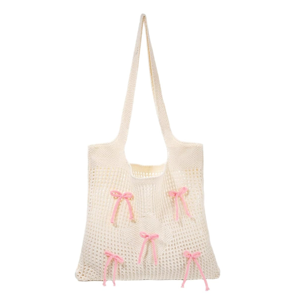 PALAY® Tote Bag for Woman Bow Crochet Mesh Knitted Shoulder Bag Coquette Cute Aesthetic Travel Tote for Girls