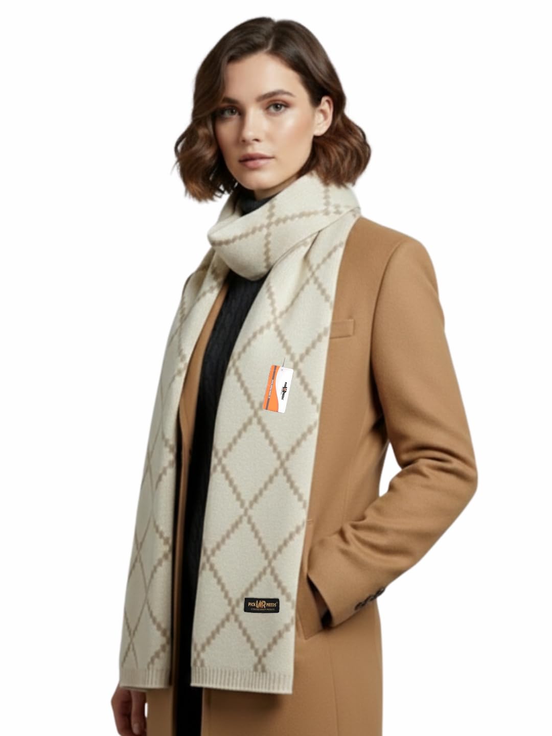 Pick Ur Needs Premium Winter Woolen Scarf for Women Designer Checkered Warm Muffler Soft, Stylish & Cozy Cold Weather Wrap (Cream)