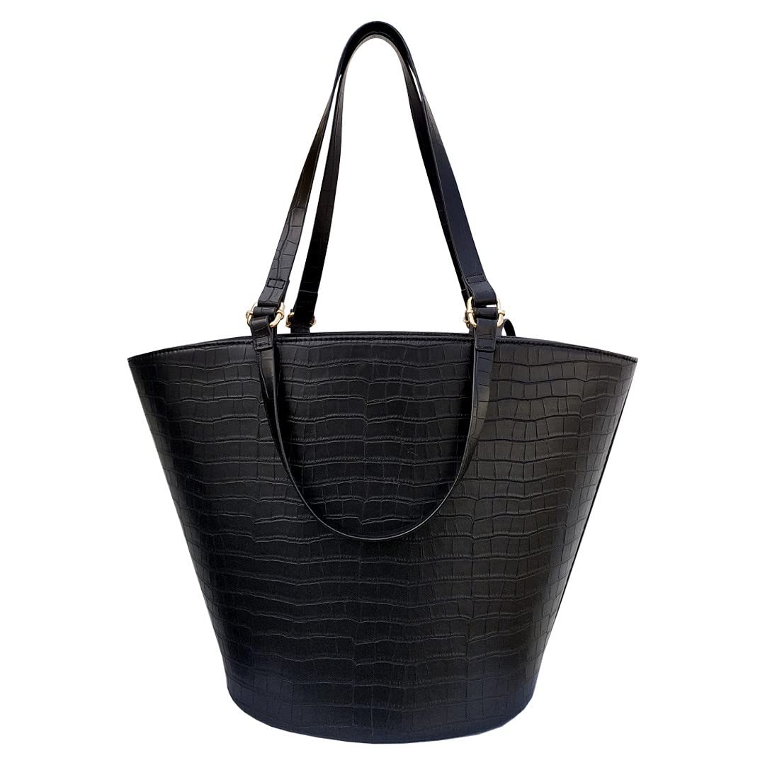 Aquatan Black Twin Handle Croco Textured Tote Bag – Spacious Faux Leather Handbag for Women – Ideal for Office & Casual Use
