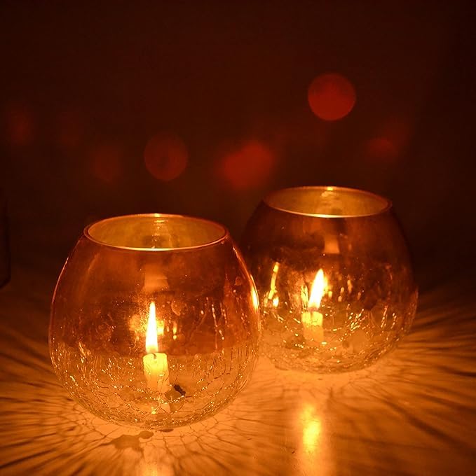 Gold Crackle Glass Tea Light Holder | Candle Diffuser | Tea Light Candle Holder | Ideal for Living Room, Bedroom, Dining Area Decor | Romantic Ambience | Perfect for Celebrations (2)