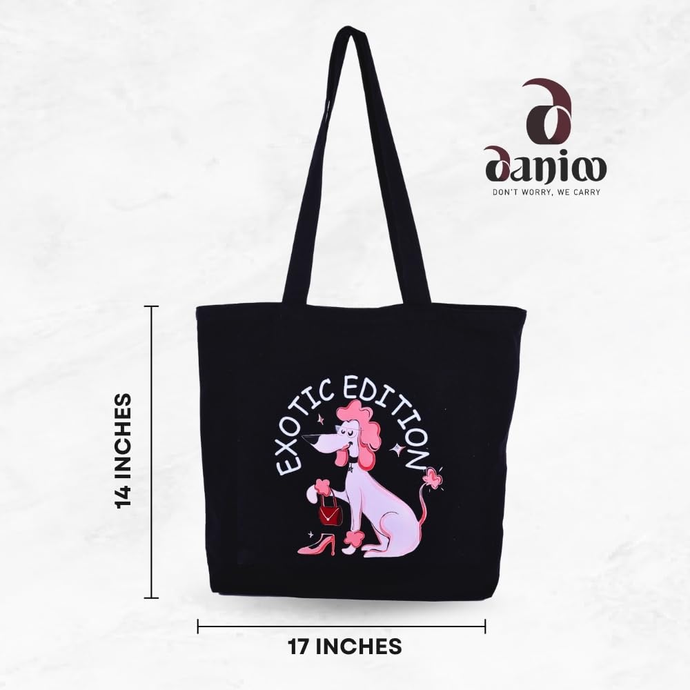 DANIOO DON'T WORRY WE CARRY Large Shopper Canvas Tote Bag With Zipper And Pocket For Women And Girls With Bottle Holder, Multipurpose College Tote Bag | Travel Hand Bag | Shopping Bag (Black)