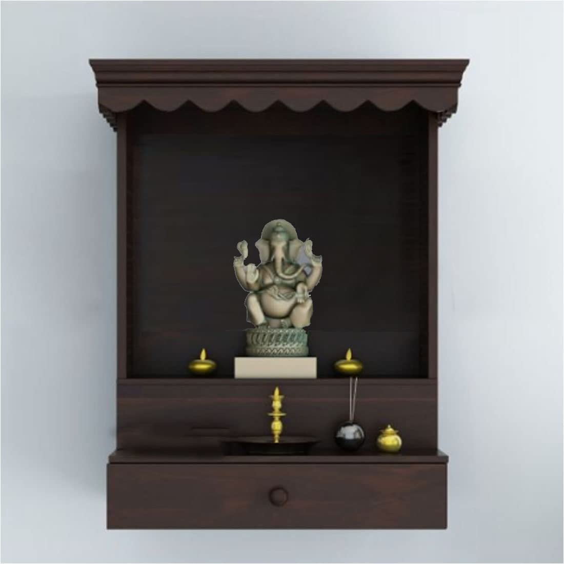 SHREE NATURAL Solid Wood Home Temple Pooja mandir with 1 Drawer for Home Decor. Pooja mandir Temple Solid Wood Temple Wooden Pooja Mandir for Home Furniture (Walnut)