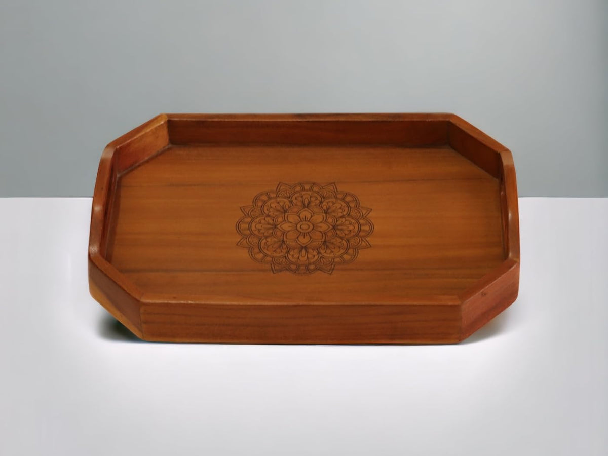 Vesta Homes Acacia Wood Serving Tray with Engraved Mandala Design | Rectangular Wooden Organizer Tray for Kitchen, Dining, Office & Décor | Ideal for Snacks, Tea & Organizing | 38 x 25 x 8 cm