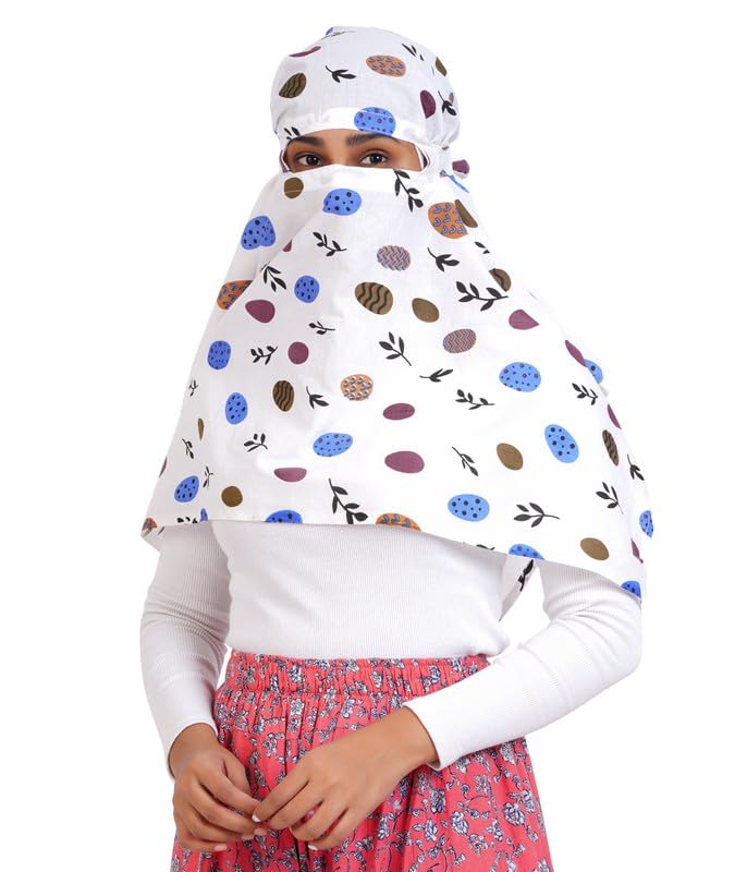 Cambric printed Cotton Head scarf for hair and face skin protection/Usable for vehicle Driver for sunlight UV protection / Free Size for Girls and Women (110 * 80 cm) -(Pack 1- Blue Butta in White)