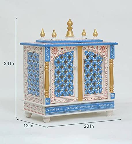 Jodhpur Handicrafts MDF Wood Home Temple Puja Mandir Home Temple Pooja Mandir with Door Pooja Room Stand (18 inch x 9 inch x 22 inch, White & Blue)