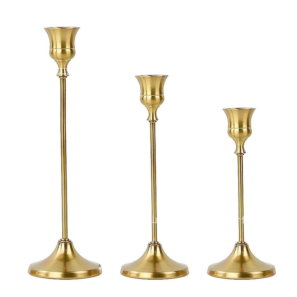 3 Pcs Gold Tall Candle Holder with Stable Base, 3 Size Alloy Holder for Taper Candles, Wedding, Dinning, Party Decoration (Gold)