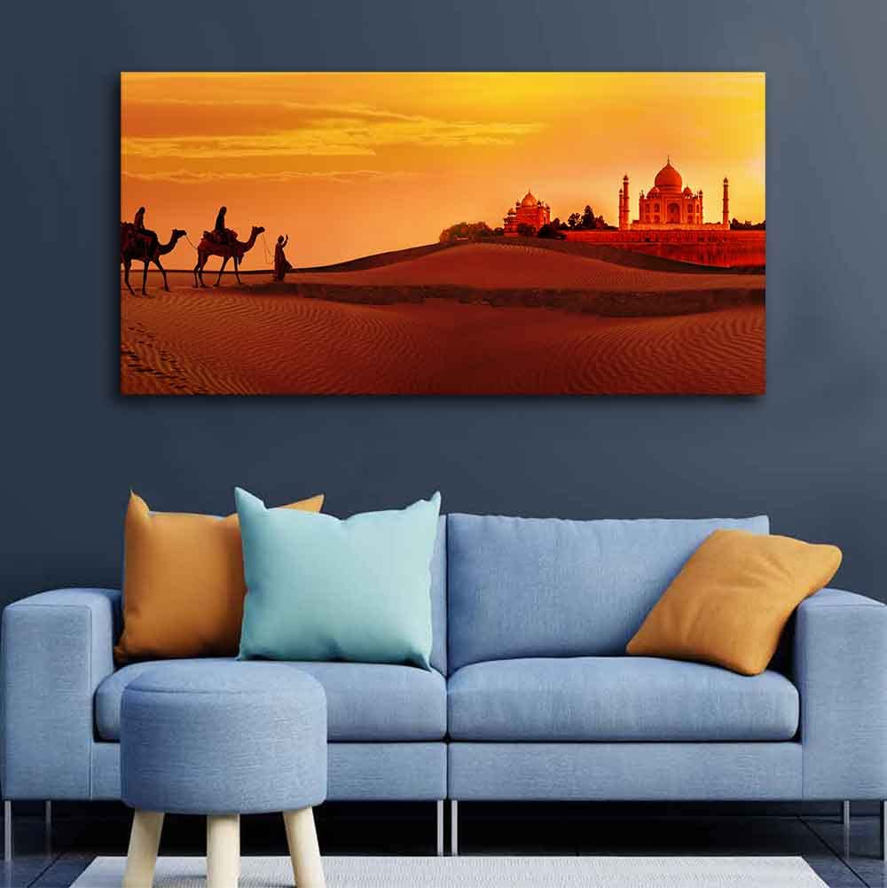 VIBECRAFTS Canvas Paintings for Living Room Drawing Room Beautiful Wall Painting of Camel Caravan Heading to Taj Mahal Fitted with Wooden Frame for Home|Office|Gift(PTVCH_2278)