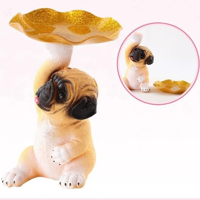 SHIMATI Cute Dog Statue with Key Holder Bowl, Resin Pug Figurine Candy Dish & Jewelry Trays, Creative Entryway Table Keys Storage Organizer Sculpture for Home Office Desk Decor (Pack of 1)
