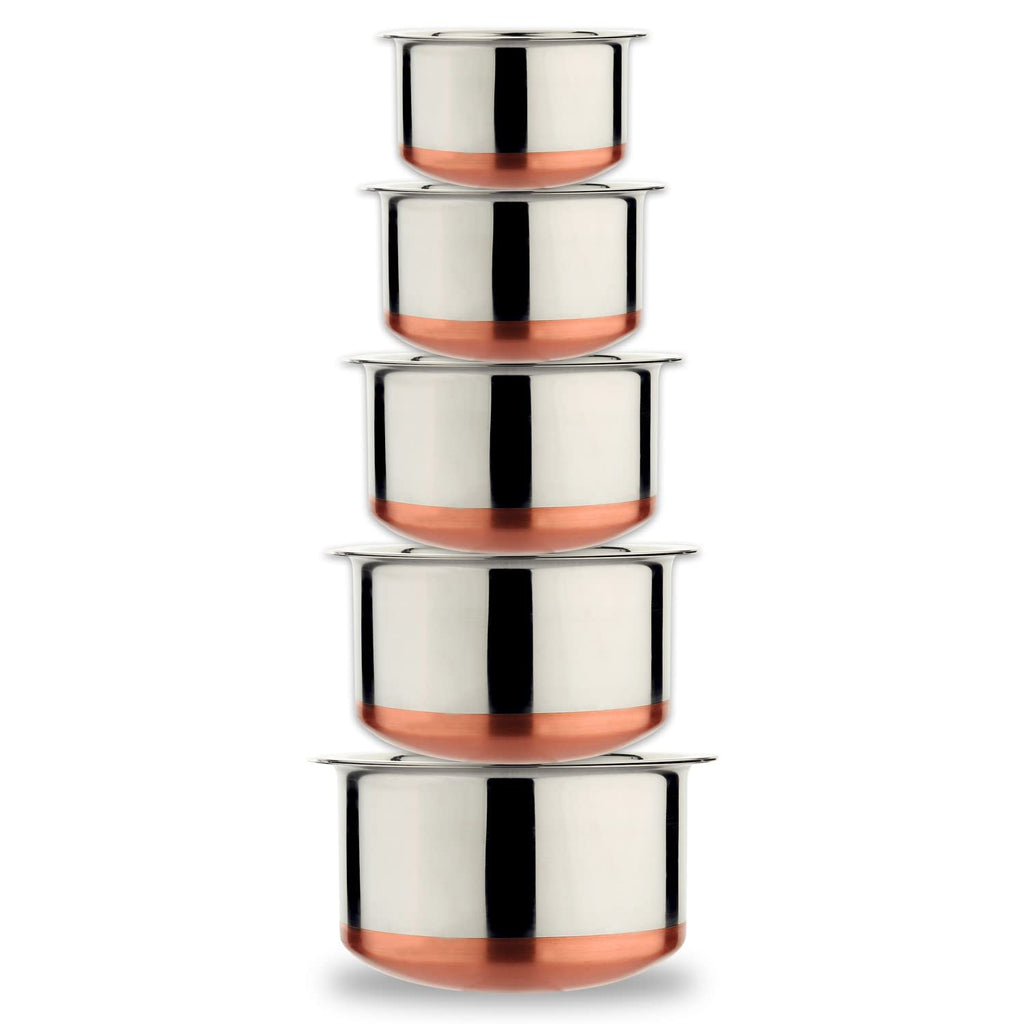 LIMETRO STEEL Set of 5 Gas Compatible Copper Base Steel Tope Set with Lid (5 Pieces, 1 Liter, 1.5 Liter, 2 Liter, 2.5 Liter, 3 Liter) Cookware Set, Stainless Steel…