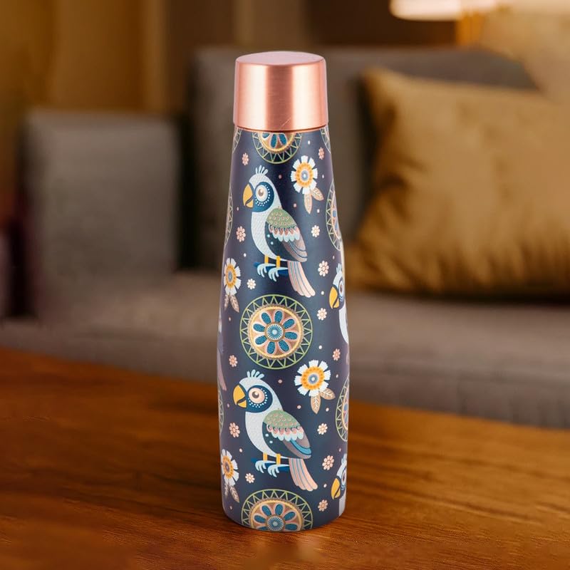 Vip luxe Copper Bottle | Bird Motif | UV Printed Design | Pure Copper Water Bottle for Health & Wellness | 900 ml Capacity