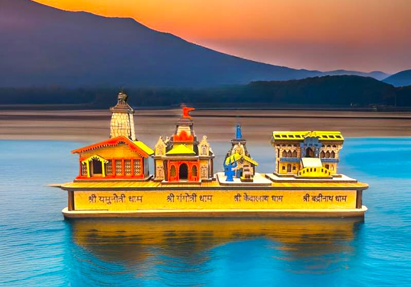 Char Dham Wooden Temple Model | Miniature Replica of Shri Ram Mandir, Gangotri, Kedarnath, and Badrinath Dham | Perfect Spiritual Home Décor, Religious Souvenir, and Gift for Hindu Festivals
