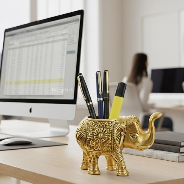 Kridaykraft Decorative Metal Trunk-Up Elephant – Multi-Purpose Small Flower Vase, T-Light Holder, and Stationery Organizer for Living Room and Office – Elegant Gold Elephant Statue for Good Luck