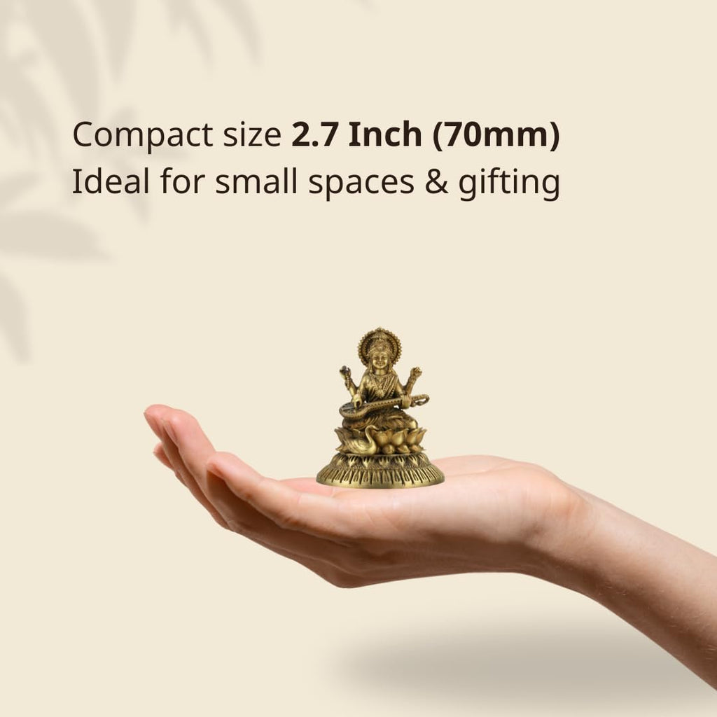 Shilpkala Ultra Fine Saraswati Maa Idol Seated on Lotus Holding Veena - Fine Detailing of God Statue for Study Table, Murti for Mandir, Idols for Gift & Housewarming (2.7 Inch, Coffee Antique)