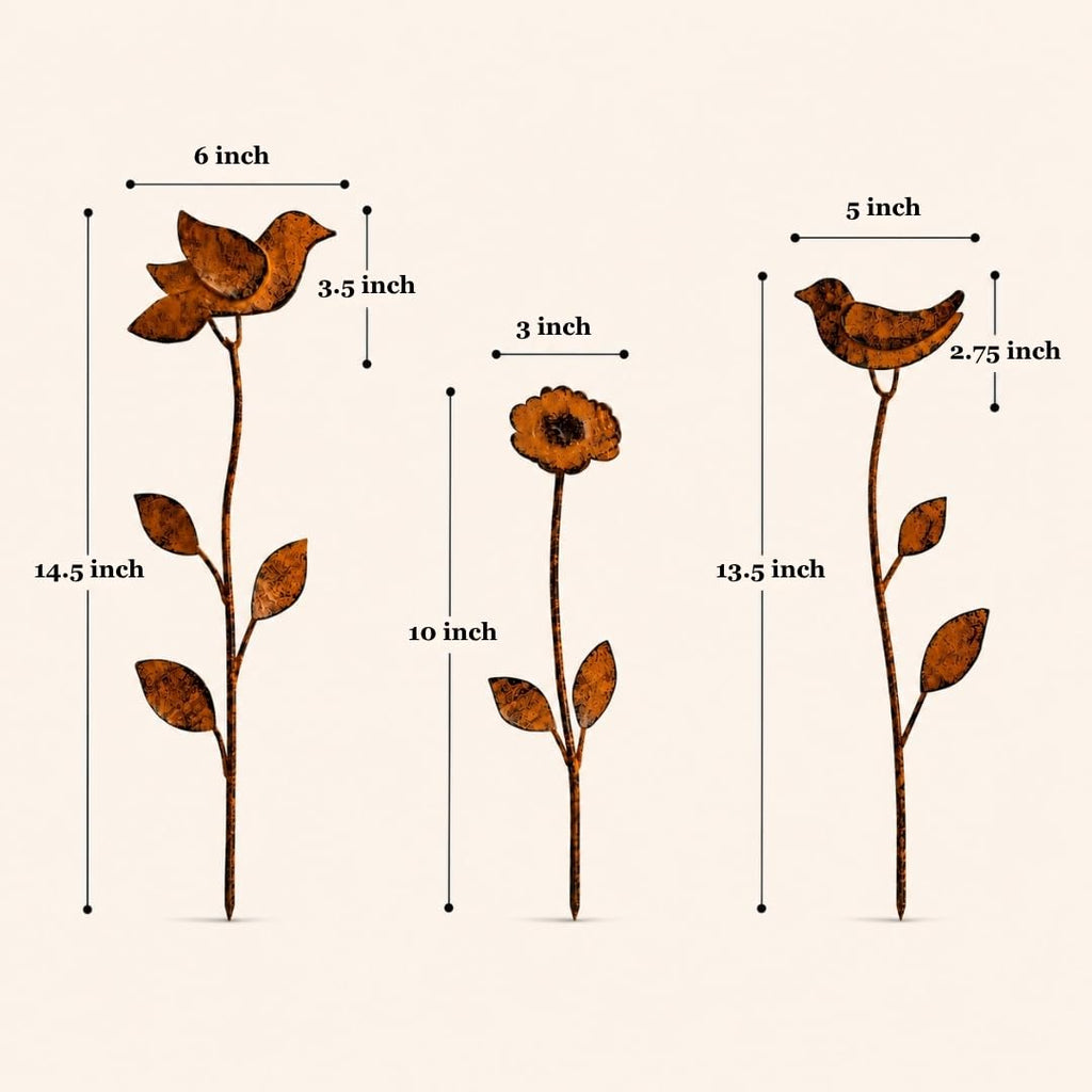 ATRANGI STUDIO Birdie Bloom Garden Stake - Set of 3| Handcrafted by Rajasthan artisans | Boho Garden/Balcony Decor | Easy to use in pots, patios, lawns | Multicolour
