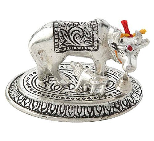 Prince Home Decor & Gifts Metal Kamdhenu Cow with Calf Statue (Silver)