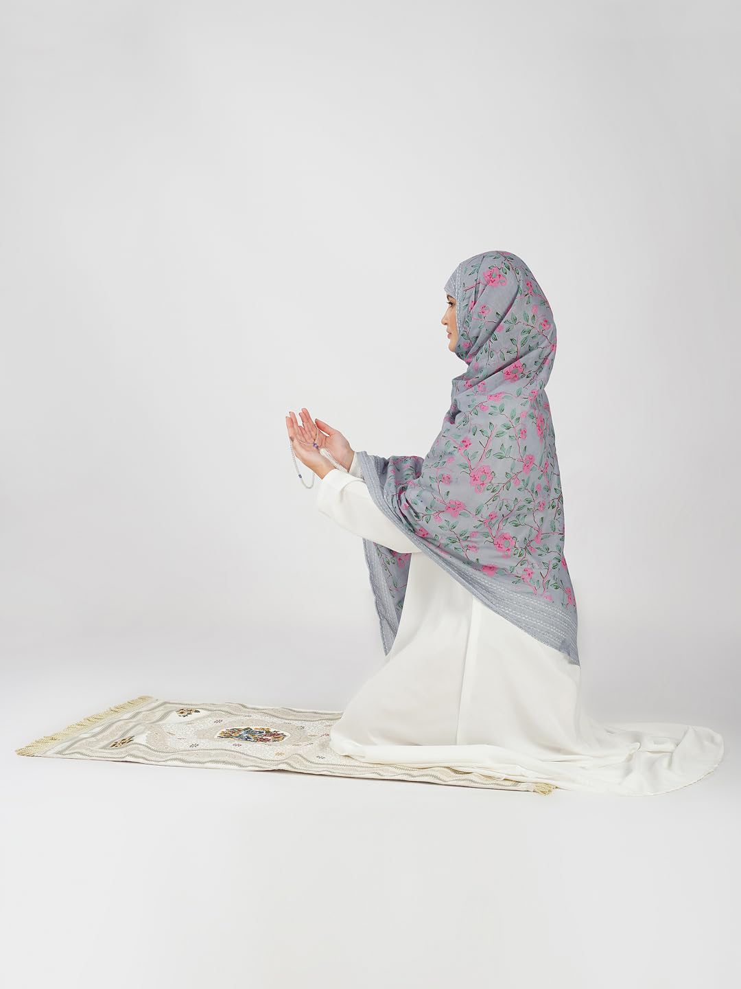 ANAApparels ANA Zoha Bluish Grey Floral Dupatta | 92 x 42 Inches – Premium Mulmul Cotton | Lace Border | Lightweight, Soft & Breathable