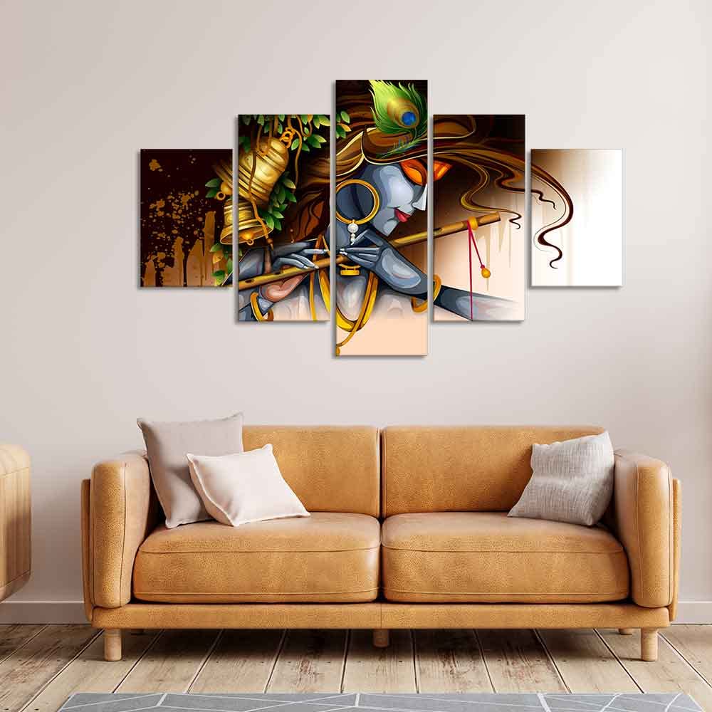 VIBECRAFTS Shree Krishna Playing Bansuri 5 Pieces Premium Wall Painting For Home|Office|Living Room|Gift (PTVC5Pcs1_5506)