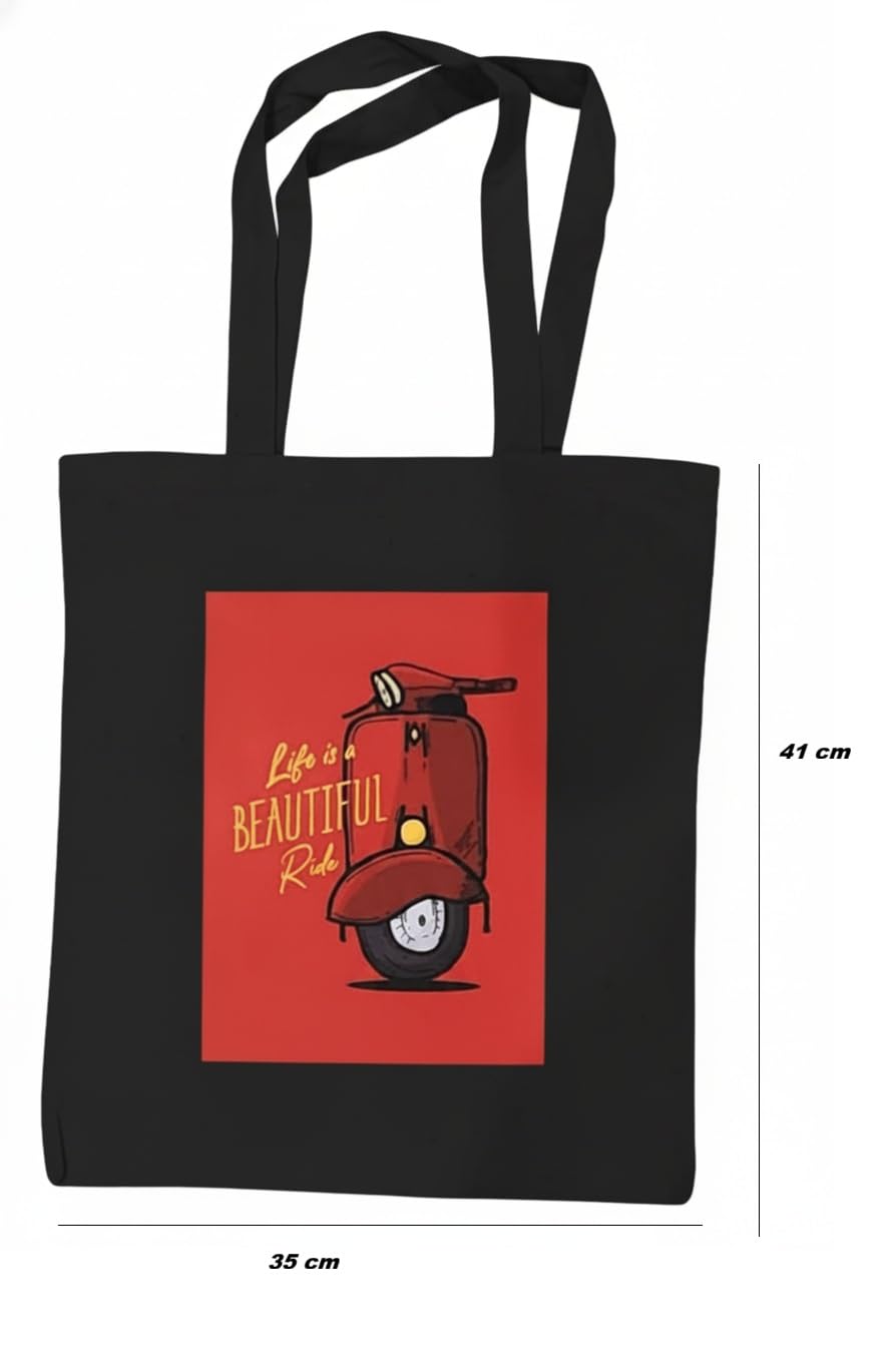 QUIRKYFIRKY Life is a Beautiful Ride Canvas Tote Bag, Natural Cotton, 41x35 cm, Shoulder Strap, Reusable Shopping Bag, Contemporary Style, Unisex (Black)