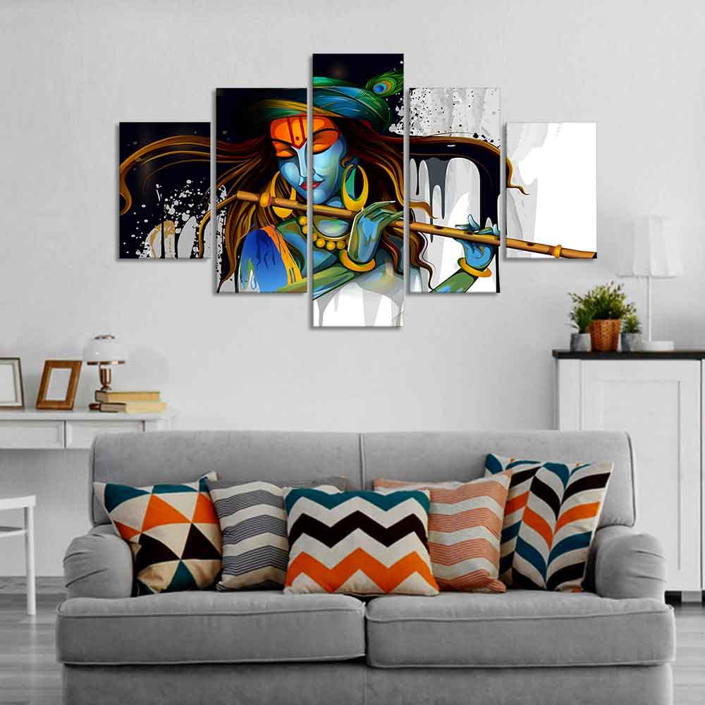 VIBECRAFTS Shree Krishna Playing Flute 5 Pieces Premium Wall Painting For Home|Office|Living Room|Gift (PTVC5Pcs1_5505)