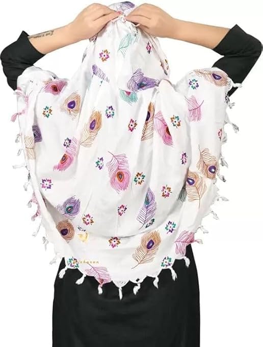 Crockett Cotton Face Mask Scarf with Sun Protection – Long Cotton Dupatta for Women & Girls – Universal Size, Stylish UV Protection Cover for Vahical Driver Outdoor Use (White Feather)
