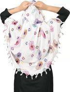 Crockett Cotton Face Mask Scarf with Sun Protection – Long Cotton Dupatta for Women & Girls – Universal Size, Stylish UV Protection Cover for Vahical Driver Outdoor Use (White Feather)