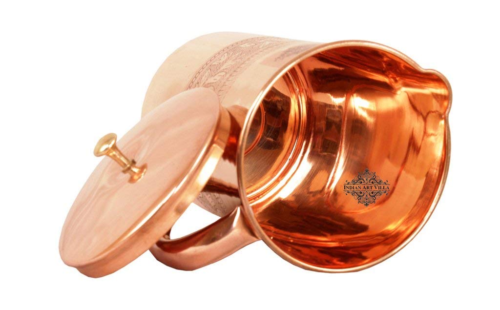 IndianArtVilla Embossed Design Copper Jug Pitcher with Brass Noob, Serveware & Drinkware, Beneficial for Health, 1000 ML