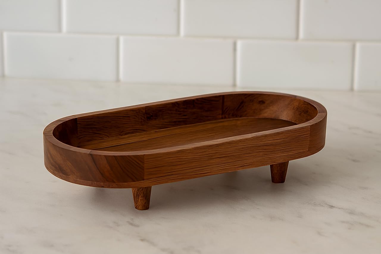 D&G Homes Wooden Serving Trays, Large Sheesham Wood Serving Tray with Legs,13 x 6 x 2 in, Stackable Platters for Serving Cakes, Pastries, Snacks, Breakfast, Coffee Table, Party, Home Décor